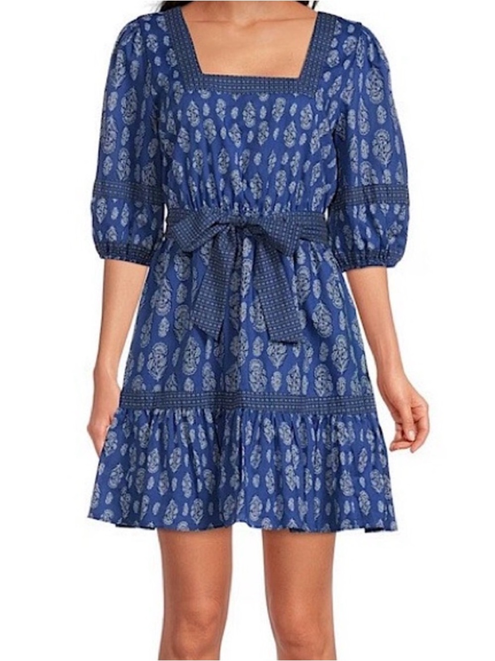 A Loves A Blue Block Print Cotton Belted Mini Dress Size Medium